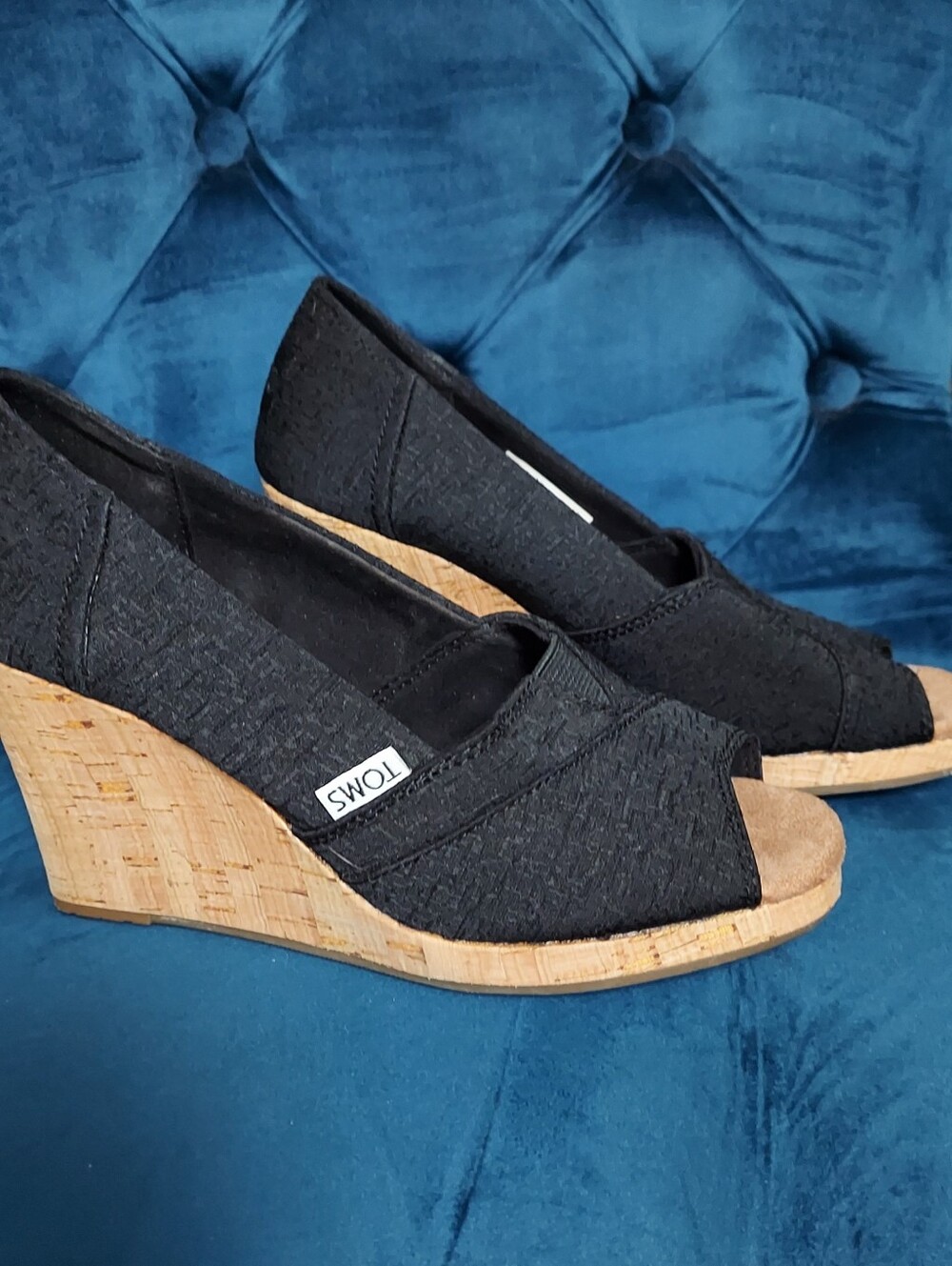 TOMS Black Peep-Toe Cork Wedge Espadrille